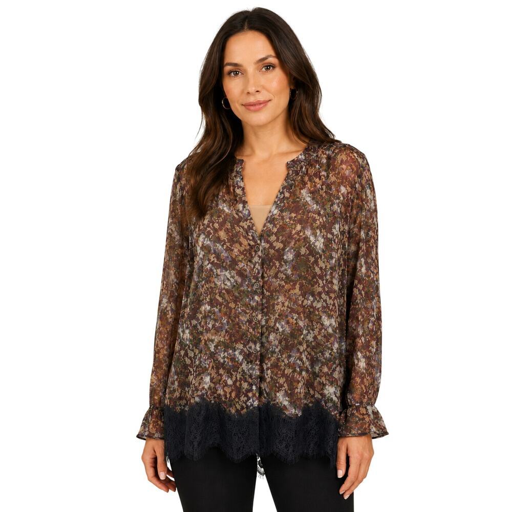 Soft surroundings PL PETITE L chiffon semi sheer purple floral black lace top